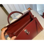 Kelly25 imported box leather Hermes red full handmade silver buckle